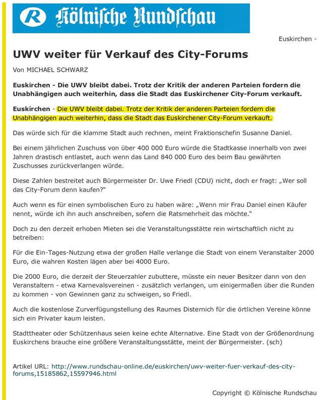 UWV weiter für Verkauf des City-Forums - Rundschau - 22.02.2008